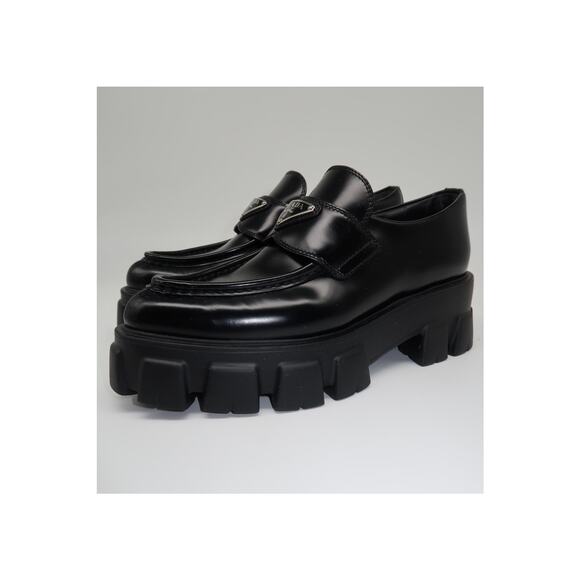 Prada Leather Monolith Triangle Logo Platform Brushed Loafers Black Size 37.5 - Picture 1 of 11